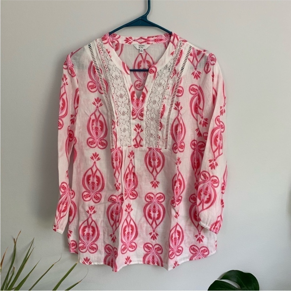 Crown & Ivy | 100% Linen Pink White Peasant Smock Crochet Swirl Washable Tunic S